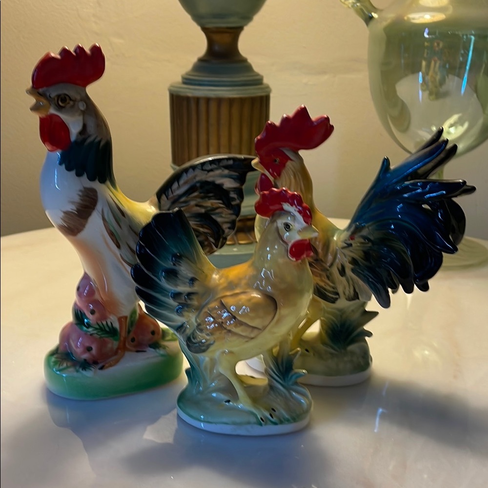 VTG ROOSTER Figurines Set of 3 Made in Japan Ceramic 60’s Decor